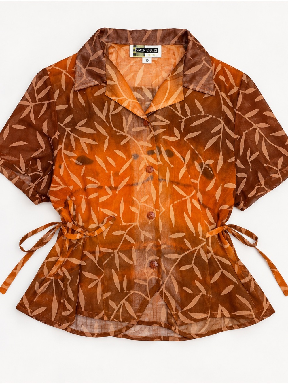 Vintage Simon Chang Sheer Botanical Button Up Blouse Petite 16